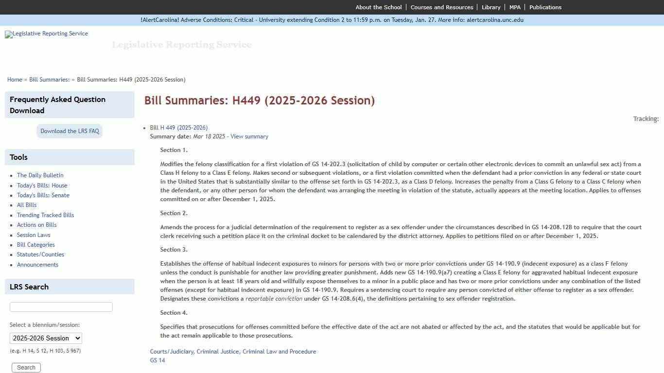 Bill Summaries: H449 (2025-2026 Session) Legislative Reporting Service