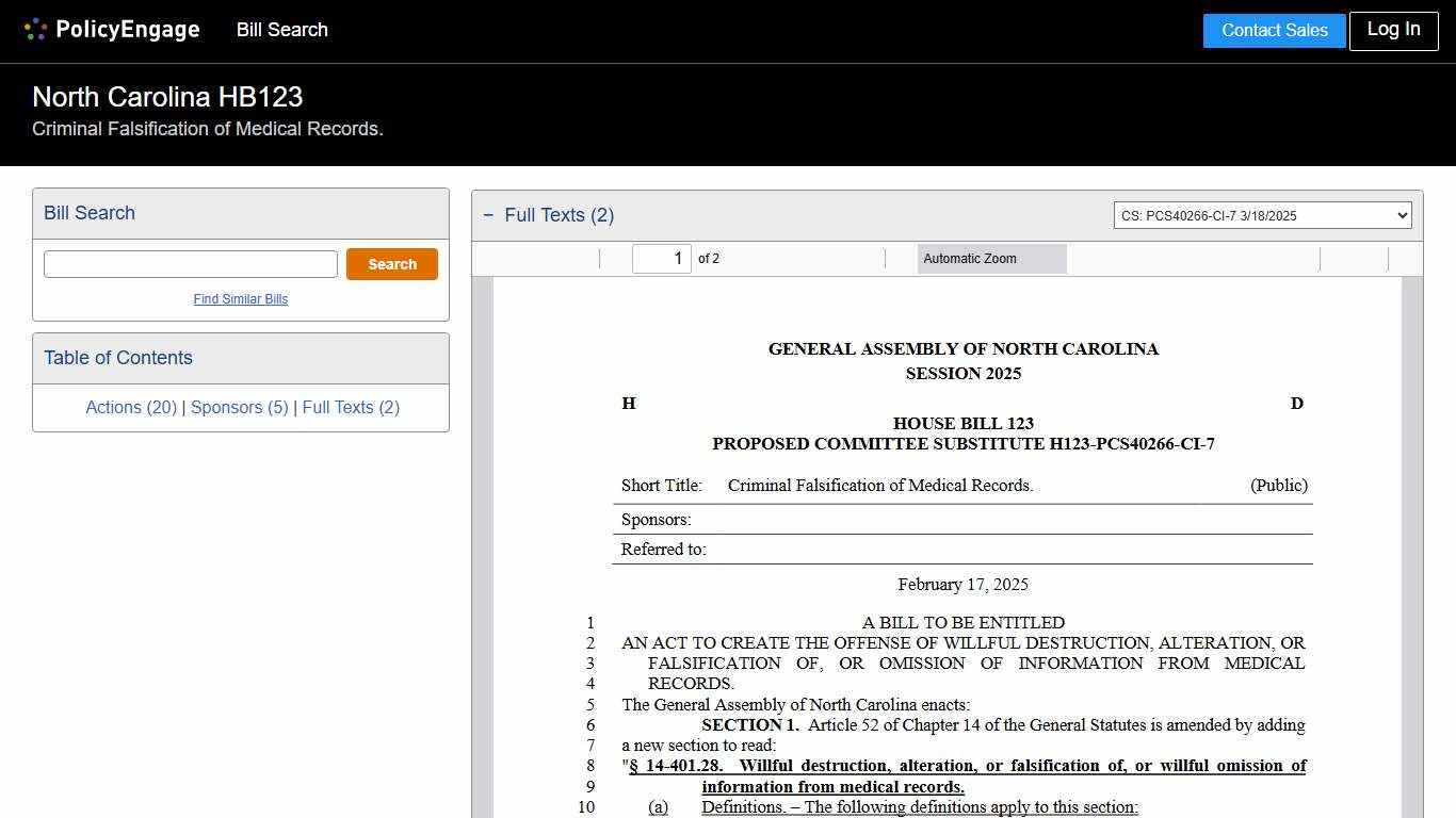 HB123 North Carolina 2025-2026 Criminal Falsification of Medical Records. - Legislative Tracking PolicyEngage
