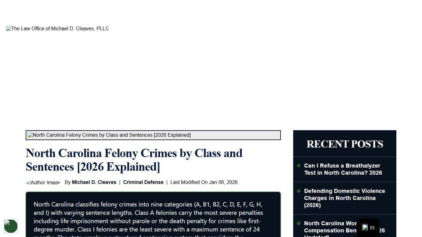 North Carolina Felony Crimes by Class and Sentences [2026 Explained]